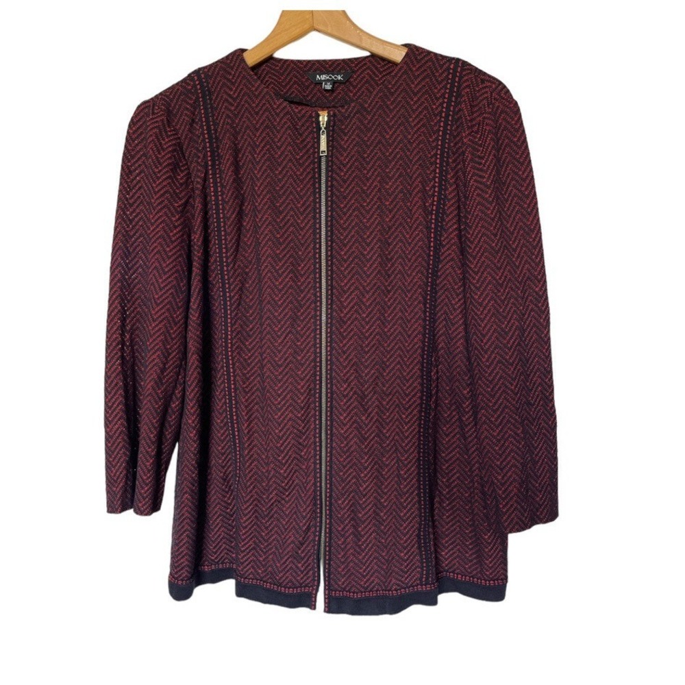 Misook Knit Jacket Women Med Red Black Herringbone Zip Front 3/4 Sleeve Blazer